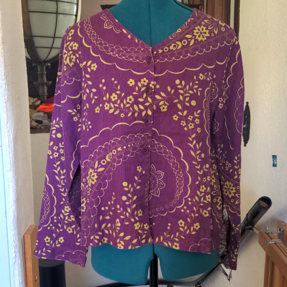 Flax Purple Green Linen Button Shirt
